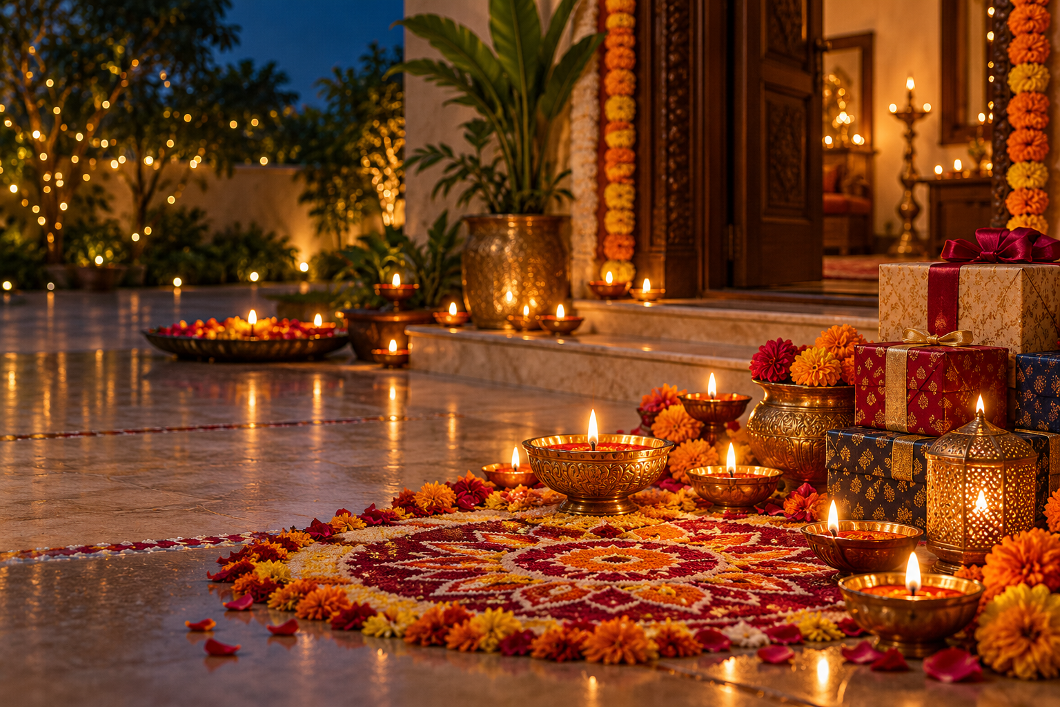 Diwali lights, diyas, rangoli, flowers, and gifts